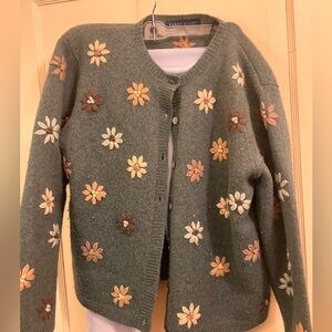 Vintage Karen Scott Pure Wool Floral Embroidered Green Cardigan Size Large 90s